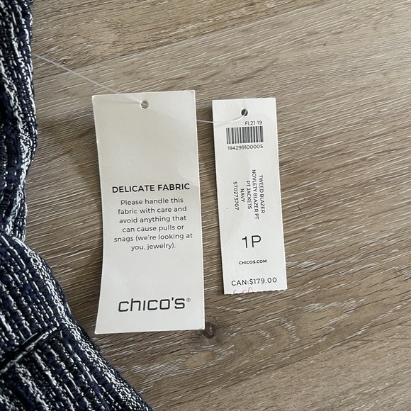 Chico's Striped Tweed Blazer Jacket 1P 8P US Navy Single Button Fringe - Picture 6 of 11